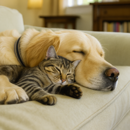 Entspannter Hund und Katze kuscheln – regelmäßige Blutdruckmessung schützt die Gesundheit von Vierbeinern.