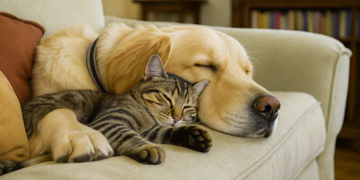 Entspannter Hund und Katze kuscheln – regelmäßige Blutdruckmessung schützt die Gesundheit von Vierbeinern.